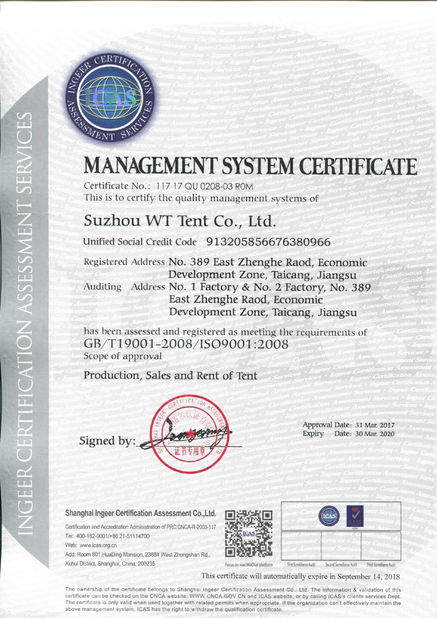 Chiny Suzhou WT Tent Co., Ltd Certyfikaty